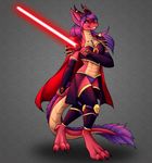  armor barefoot cape claws clemikou clothed clothing dragon hair lightsaber mesonia_berryon pauldron purple_hair red_scales robes scales skimpy smile star_wars 