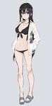  bikini black_bikini black_hair blue_eyes full_body grey_background highres idolmaster idolmaster_cinderella_girls long_hair looking_at_viewer navel open_clothes open_shirt pinch_(nesume) sandals see-through shibuya_rin shirt simple_background sketch solo standing swimsuit very_long_hair 