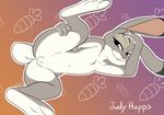  2017 3_toes 4_fingers anthro anus bedroom_eyes big_ears big_feet breasts butt carrot chest_tuft dipstick_tail disney eyelashes female flat_chested food fur grey_fur half-closed_eyes hand_on_head hand_on_thigh judy_hopps lagomorph looking_at_viewer lying mammal multicolored_fur multicolored_tail navel nude one_leg_up pink_nose presenting presenting_pussy purple_eyes pussy rabbit seductive smile solo spread_legs spreading suicidebones text toes tuft vegetable white_fur zootopia 