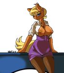  2013 anthro anthrofied avante92 big_breasts blonde_hair blue_eyes breasts clothing desk earth_pony equine female friendship_is_magic hair hi_res horse jewelry legwear looking_at_viewer mammal ms_harshwhinny_(mlp) my_little_pony necklace piercing pony simple_background skirt solo stockings white_background 