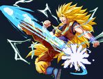  blonde_hair boots dark_background dougi dragon_ball dragon_ball_z electricity energy energy_beam fighting_stance green_eyes greymon_(nodoame1215) highres kicking long_hair male_focus no_eyebrows official_style serious solo son_gokuu spiked_hair super_saiyan super_saiyan_3 very_long_hair 