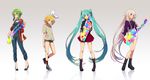  absurdly_long_hair aqua_eyes aqua_hair arms_behind_back bangs belt blonde_hair blue_eyes boots bow braid breasts cardigan choker cross-laced_footwear drumsticks glasses gradient gradient_background green_eyes green_hair guitar gumi hair_bow hatsune_miku high_heels highres holding holding_instrument ia_(vocaloid) instrument kagamine_rin keyboard_(instrument) lace-up_boots long_hair matsuda_toki medium_breasts multiple_girls reflection short_hair short_shorts shorts skirt small_breasts smile standing twintails very_long_hair vocaloid white_hair 