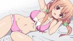  anime_coloring bed_sheet bikini blush body_blush breasts cameltoe commentary eyebrows_visible_through_hair frilled_bikini frills green_scrunchie hair_ornament hair_scrunchie head_on_hand hinako_note lace large_breasts low_twintails lying navel on_side orange_hair pink_bikini purple_eyes sakuragi_hinako scrunchie silver_meteor smile solo swimsuit twintails twitter_username 