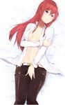  absurdres bed_sheet belt black_legwear blue_eyes blush breasts cleavage collared_shirt denim denim_shorts fripside groin hair_between_eyes highres long_hair long_sleeves looking_at_viewer lying makise_kurisu navel on_back open_clothes open_shirt pantyhose red_hair shirt shorts small_breasts solo steins;gate 