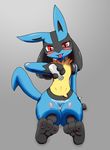  2015 3_toes alcohol ambiguous_gender anthro beverage black_fur blue_fur blush bottle canine drunk feet food food_play front_view fur grey_background hi_res hindpaw holding_cup lucario mabuta_1 mammal multicolored_fur nintendo pawpads paws pok&eacute;mon pouring red_eyes sake simple_background sitting smile soles solo teasing toes tongue tongue_out video_games wakamezake wet yellow_fur 
