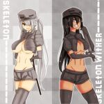  2girls at2. black_hair black_legwear blush bow_(weapon) breasts character_name cleavage covered_nipples elbow_gloves gloves grey_eyes grey_legwear grin hat highres large_breasts long_hair midriff minecraft multiple_girls navel personification shorts silver_hair skeleton_(minecraft) smile standing sword thighhighs twintails underboob weapon wither_skeleton_(minecraft) 