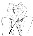  2016 anthro black_and_white blush dotkwa erection half-closed_eyes hi_res kobold looking_at_viewer lying male monochrome nude on_back penis scalie shy simple_background sketch solo white_background 