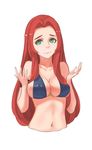  arm_strap bikini blue_bikini breasts cowboy_shot green_eyes hair_intakes large_breasts long_hair looking_at_viewer pacific red_hair shrug sima_naoteng smile swimsuit uss_argonaut_(ss-166) 