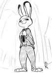  2017 anthro barefoot belt black_and_white clothed clothing disney female ittybittykittytittys judy_hopps lagomorph mammal monochrome necktie outside rabbit signature solo standing suit zootopia 