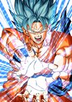  absurdres attack attacking_viewer blue_background blue_eyes blue_hair colorful dougi dragon_ball dragon_ball_super energy energy_ball fighting_stance fingernails greymon_(nodoame1215) highres kamehameha looking_at_viewer male_focus official_style open_hands open_mouth outstretched_arms outstretched_hand serious solo son_gokuu spiked_hair super_saiyan super_saiyan_blue 