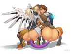  2girls aedollon anal_object_insertion anus artist_name ass blonde_hair bottomless brown_hair dildo earrings kiss mechanical_halo mechanical_wings mercy_(overwatch) multiple_girls no_panties open_mouth overwatch short_hair squatting tongue_out tracer_(overwatch) yellow_eyes yuri 