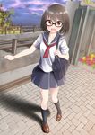  black_eyes black_hair glasses looking_at_viewer nekobaka original outdoors pleated_skirt school_uniform serafuku short_hair skirt solo standing 