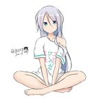  adrenaline!!! artist_name bad_id bad_pixiv_id barefoot between_legs blue_eyes blush closed_mouth clothes_writing commentary_request copyright_name cosplay dated eromanga_sensei hair_between_eyes hand_between_legs hatsuzuki_527 indian_style izumi_sagiri izumi_sagiri_(cosplay) kantai_collection long_hair looking_at_viewer off_shoulder shirt short_sleeves signature silver_hair simple_background sitting solo umikaze_(kantai_collection) white_background white_shirt 