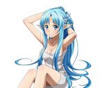  armpits arms_up asuna_(sao) asuna_(sao-alo) bad_anatomy blue_eyes blue_hair blush breasts cleavage collarbone hands_in_hair long_hair looking_at_viewer medium_breasts naked_towel pointy_ears shiny shiny_skin sitting smile solo sword_art_online towel transparent_background very_long_hair wet white_towel 