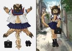  2017 38legio 5_fingers anthro bag cat claws clothed clothing death dress feline female footwear front_view fully fur hair inner_ear_fluff legwear loafers long_hair looking_at_viewer mammal miniskirt sailor_fuku school_uniform shoes simple_background skinning skirt socks solo standing street uniform what young 