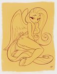  anthro anthrofied breasts cutie_mark equine feathered_wings feathers female fetlocks fluttershy_(mlp) friendship_is_magic geistdagger hair half-closed_eyes halftone hi_res long_hair looking_at_viewer mammal my_little_pony orange_theme pegasus presenting pussy seductive solo wings 