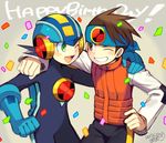  arm_around_neck black_hair blush brown_hair commentary_request confetti dated green_eyes hand_on_another's_shoulder happy_birthday headband hikari_netto iroyopon multiple_boys one_eye_closed open_mouth rockman rockman_exe rockman_exe_(character) short_hair signature smile teeth 