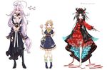  antenna_hair bag barefoot breasts brown_hair candy cleavage clenched_hand dress food frills full_body genderswap genderswap_(mtf) hair_ornament hairclip highres houchou_toushirou kneehighs kogarasumaru_(touken_ranbu) large_breasts lineup lolita_fashion lollipop long_hair low-tied_long_hair low_twintails multiple_girls pink_hair sengo_muramasa_(touken_ranbu) short_twintails shoulder_bag shuri_(84k) simple_background smile striped striped_legwear tiptoes touken_ranbu translation_request twintails white_background 