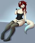  5_fingers anthro clothed clothing crossdressing hair mammal mustelid otter pink_nose red_eyes red_hair robyn_paperdoll simple_background sitting solo 