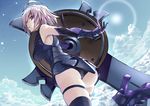  armor armored_dress ass breasts cloud cloudy_sky day detached_sleeves elbow_gloves fate/grand_order fate_(series) gloves hair_over_one_eye highres large_breasts looking_at_viewer mash_kyrielight parted_lips purple_eyes purple_gloves purple_hair purple_legwear short_hair shunichi skindentation sky solo standing standing_on_one_leg sun sunlight thigh_strap thighs 