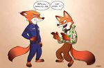  2016 anthro badge belt canine clothed clothing collar crossover dialogue disney duo english_text fox fur green_eyes male mammal mistermead nick_wilde open_mouth paws police_uniform shock_collar simple_background smile speech_bubble square_crossover teeth text uniform zistopia zootopia 