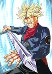  absurdres black_pants blonde_hair blue_background dragon_ball dragon_ball_z fighting_stance green_eyes greymon_(nodoame1215) highres jacket kerchief looking_at_viewer male_focus official_style pants serious solo spiked_hair super_saiyan sword trunks_(dragon_ball) weapon 