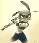  2016 alec8ter anthro armor baton body_armor buckteeth clothed clothing disney female gradient_background gun hi_res holding_object holding_weapon judy_hopps lagomorph mammal police_baton rabbit ranged_weapon simple_background smile solo teeth weapon zootopia 