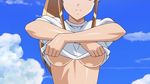  15_bishoujo_hyouryuuki 1girl areola areolae asou_saori bouncing_breasts breasts brown_hair long_hair medium_breasts nipples ponytail shirt shirt_lift sky solo undressing upper_body 