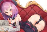  ass black_legwear black_panties blurry blush book chaise_longue depth_of_field detached_sleeves fate/grand_order fate_(series) gyaito hat helena_blavatsky_(fate/grand_order) highres looking_at_viewer open_book open_mouth panties purple_eyes purple_hair short_hair solo strapless thighhighs underwear white_sleeves 