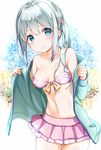  bangs bare_shoulders bikini bikini_skirt blue_eyes blue_hair blush bow breasts breasts_apart closed_mouth collarbone cowboy_shot eromanga_sensei eyebrows_visible_through_hair flower frilled_bikini frills front-tie_bikini front-tie_top hair_flower hair_ornament hands_up izumi_sagiri jacket long_hair long_sleeves looking_at_viewer medium_breasts multicolored multicolored_background na53 navel off_shoulder one_side_up open_clothes open_jacket pink_bikini pink_skirt raised_eyebrows side_ponytail sidelocks silver_hair skirt small_breasts smile solo standing stomach strap_slip swimsuit tareme thigh_gap yellow_bow 