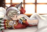  :3 absurdres animal_ears bad_id bad_pixiv_id blush claws closed_eyes ears_through_headwear erune from_side granblue_fantasy grey_hair hat highres lying on_bed on_stomach pillow red_hat sen_(granblue_fantasy) short_hair sleeping smile solo translated under_covers yuitanpo 