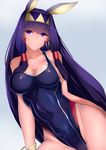 black_swimsuit company_connection competition_swimsuit cowboy_shot dark_skin earrings fate/grand_order fate_(series) gradient gradient_background hair_tubes jewelry long_hair nitocris_(fate/grand_order) one-piece_swimsuit purple_eyes purple_hair saisarisu solo swimsuit very_long_hair 