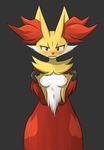  1girl animal_ears aoinu111 blush breasts delphox embarrassed fox_ears furry grey_background looking_at_viewer medium_breasts navel nipples no_humans pokemon pokemon_(creature) pokemon_xy red_eyes shirt_lift simple_background solo 
