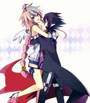  1girl :d ahoge argyle argyle_background bangs bare_shoulders black_cape black_hair black_pants blue_eyes blue_ribbon braid cape disgaea dress eyebrows_visible_through_hair hair_between_eyes hair_tubes heart hug lololotton long_hair long_sleeves looking_at_viewer looking_to_the_side makai_senki_disgaea_4 microdress open_mouth pants pink_footwear pink_hair pointy_ears red_eyes ribbon shoes shorts sidelocks single_braid smile spiked_hair standing strapless strapless_dress tsurime valvatorez_(disgaea) very_long_hair vulcanus_(disgaea_4) white_background white_dress white_wings wings wrist_cuffs 