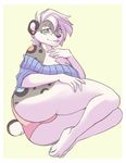  2017 anthro black_nose blue_eyes butt clothed clothing cute digital_media_(artwork) feline female fur hair hybrid leopard looking_at_viewer mammal simple_background skizu_(character) smile snow_leopard solo spots spotted_fur underwear white_fur 