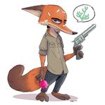  2016 3_toes 4_fingers adamfay anthro bandage barefoot canine clothed clothing crossover dipstick_tail disney fox frown full-length_portrait fully_clothed green_eyes gun half-closed_eyes handgun hi_res looking_at_viewer male mammal multicolored_tail nick_wilde plantigrade portrait ranged_weapon revolver simple_background solo speech_bubble standing the_walking_dead toes weapon white_background zootopia 