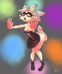  +_+ 1girl 8-tomb artist_name ass bare_shoulders black_dress black_shoes breasts breasts_outside cum cum_on_ass detached_collar dress drooling food food_on_head full_body hair_ornament highres hotaru_(splatoon) knees_together_feet_apart looking_back mole mole_under_eye nipples open_mouth orange_eyes penis pointy_ears rainbow_background saliva shoes short_hair signature silver_hair simple_background small_breasts splatoon strapless strapless_dress teeth tentacle_hair text uncensored 