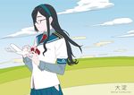  black_hair blue_skirt character_name closed_eyes copyright_name glasses hairband hip_vent kantai_collection long_hair ojipon ooyodo_(kantai_collection) pleated_skirt school_uniform semi-rimless_eyewear serafuku skirt solo toy_airplane under-rim_eyewear upper_body 