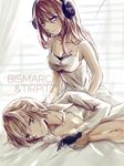  bed_sheet bismarck_(zhan_jian_shao_nyu) black_gloves blue_eyes breasts brown_hair camisole character_name cleavage closed_mouth collarbone crease curtains gloves hair_between_eyes indoors large_breasts lattice light long_hair looking_at_viewer lying multiple_girls navel on_side open_clothes open_shirt outstretched_hand pink_hair pointy_hair shirt short_hair tirpitz_(zhan_jian_shao_nyu) upper_body vest white_shirt white_vest yamashita_hakuu zhan_jian_shao_nyu 