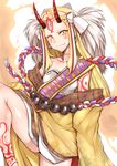  absurdres belt blonde_hair breasts collarbone earrings fang_out fate/grand_order fate_(series) gggg highres horns ibaraki_douji_(fate/grand_order) japanese_clothes jewelry kimono leg_up long_hair looking_at_viewer medium_breasts no_eyebrows oni smile solo tattoo yellow_eyes yellow_kimono 