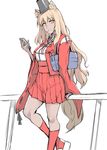  absurdres animal_ear_fluff animal_ears bag blonde_hair breasts cellphone dark_skin fate/extra fate/extra_ccc fate/extra_ccc_fox_tail fate_(series) fox_ears fox_tail gggg hat highres kneehighs large_breasts long_hair looking_at_viewer phone pleated_skirt red_legwear school_bag skirt smartphone solo suzuka_gozen_(fate) tail tate_eboshi yellow_eyes 