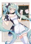  animal_ears bespectacled black_bow blue_bow blue_eyes blue_hair blue_nails blush bow breasts cat_ears cleavage coffee coffee_mug cup glasses hair_bow hatsune_miku highres holding holding_pen large_breasts long_hair mug nail_polish notepad open_mouth pen perri_(mnemosine) red-framed_eyewear smile solo spoon thighhighs twintails vocaloid waitress white_legwear wrist_cuffs 