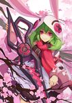  blush eyebrows_visible_through_hair forever_7th_capital green_hair highres holding holding_sword holding_weapon hood long_sleeves looking_at_viewer petals pink_eyes short_hair smile solo sword weapon youxuemingdie 
