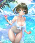 animal bad_id bad_pixiv_id bikini bird blue_eyes blush breasts cleavage cloud cup day drinking_glass earrings eyebrows_visible_through_hair front-tie_bikini front-tie_top green_eyes green_hair heterochromia highres holding holding_cup idolmaster idolmaster_cinderella_girls jewelry large_breasts light_rays looking_at_viewer mole mole_under_eye navel necklace parted_lips short_hair signature smile solo sunbeam sunlight swimsuit takagaki_kaede thigh_gap ttaji_(pass35) white_bikini wine_glass 