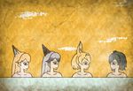  animal_ears bathing black_eyes black_hair blonde_hair closed_mouth collarbone commentary_request crack egyptian_art ezo_red_fox_(kemono_friends) fox_ears from_side grey_hair kaban_(kemono_friends) kemono_friends kita_(7kita) long_hair multicolored_hair multiple_girls nude partially_submerged profile serval_(kemono_friends) serval_ears silver_fox_(kemono_friends) smile steam two-tone_hair water yellow_background 