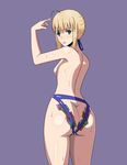  1girl ass ass_cutout backless_panties blonde_hair blush breasts bush butt_crack condom fate/stay_night fate_(series) green_eyes looking_back medium_breasts nipples saber solo sweat 