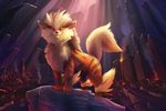  arcanine canine cave digital_media_(artwork) fangs feral fluffy fluffy_tail fur lava mammal nintendo nude on_rock paws pok&eacute;mon red_eyes rock solo stripes teeth tsaoshin video_games 