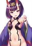  bangs bare_shoulders breasts commentary_request eyeliner fangs fate/grand_order fate_(series) hair_ornament horns japanese_clothes kimono looking_at_viewer makeup momo_no_kanzume navel oni oni_horns purple_eyes purple_hair shiny shiny_hair short_hair shuten_douji_(fate/grand_order) simple_background small_breasts smile solo upper_body white_background wide_sleeves 