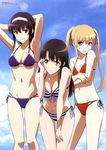  absurdres armpits arms_behind_head ass_visible_through_thighs bangs bikini black_hair blonde_hair breasts brown_hair cleavage cloud day hair_ribbon hair_tucking hairband highres ishida_kazumasa kasumigaoka_utaha katou_megumi long_hair medium_breasts multi-strapped_bikini multiple_girls navel non-web_source nyantype o-ring o-ring_top official_art red_bikini ribbon saenai_heroine_no_sodatekata sawamura_spencer_eriri sky small_breasts striped striped_bikini swimsuit thigh_gap twintails underboob 