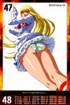  absurdres ass bangs blonde_hair boots breasts detached_sleeves dutch_angle eyebrows_visible_through_hair fingerless_gloves frilled_panties frilled_skirt frills gloves highres knee_boots lili_(tekken) long_hair long_sleeves looking_at_viewer looking_back medium_breasts morita_kazuaki official_art open_mouth panties purple_eyes queen's_gate simple_background skirt smile solo tekken underwear white_background 